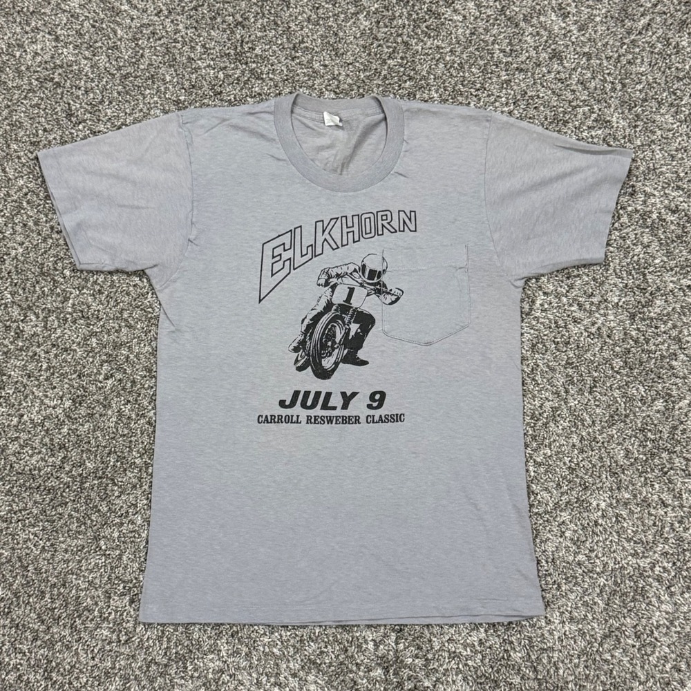 Vintage 80s Harley Davidson Motorcycle Racing Elkhorn WI T-Shirt Grey Mens M USA - Picture 1 of 6